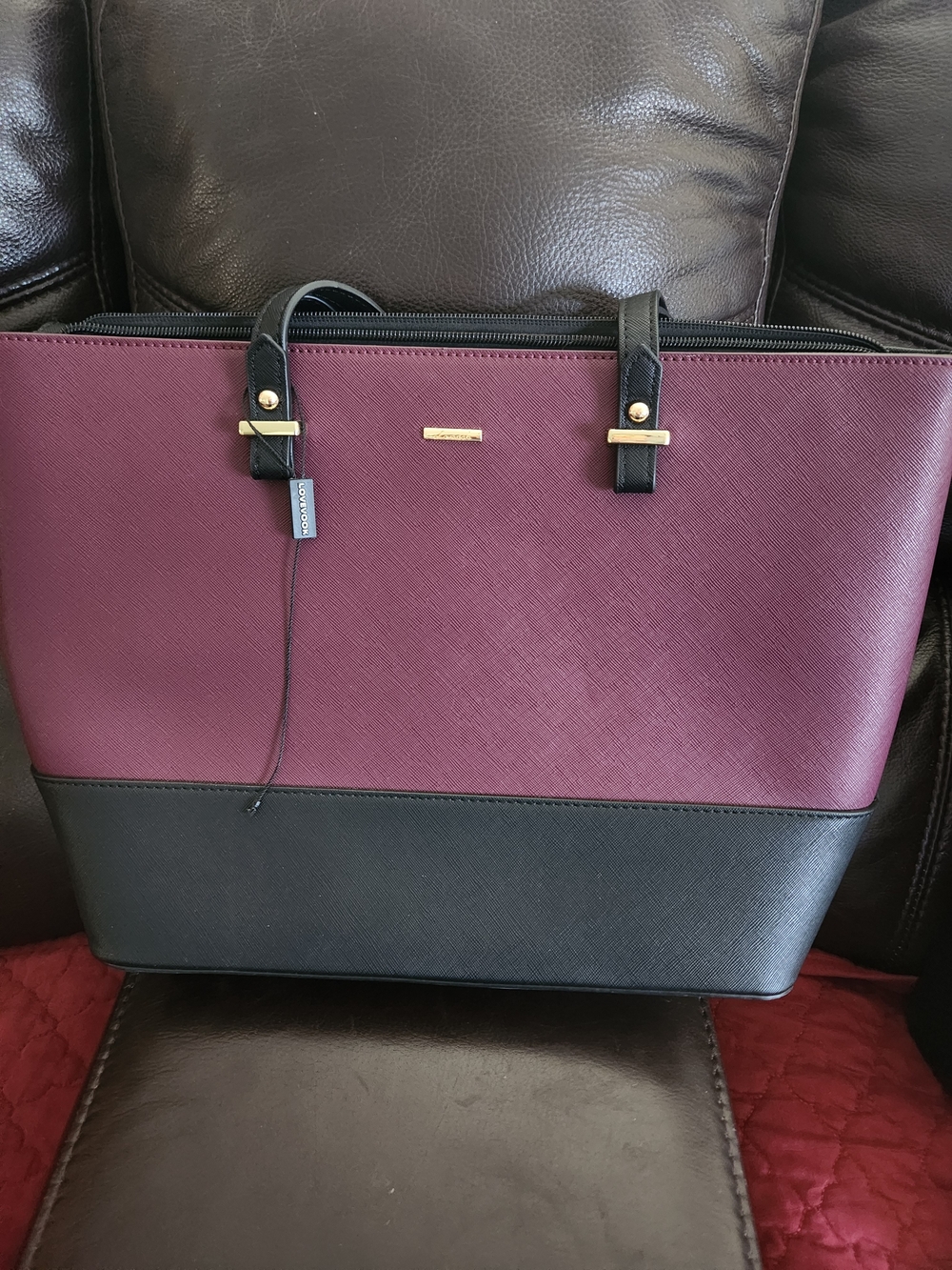 Two-Tone Plum and Black Tote with Gold Accents